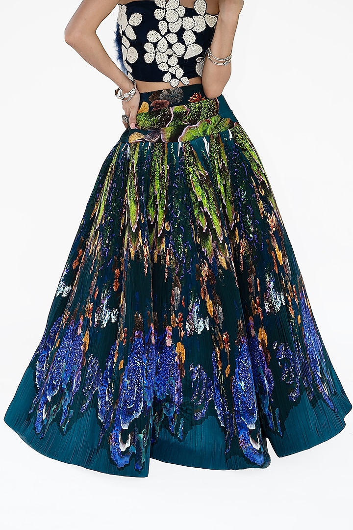 Midnight Blue Natural Silk Landscape Printed Skirt Set by AMKA at Pernia's Pop Up Shop