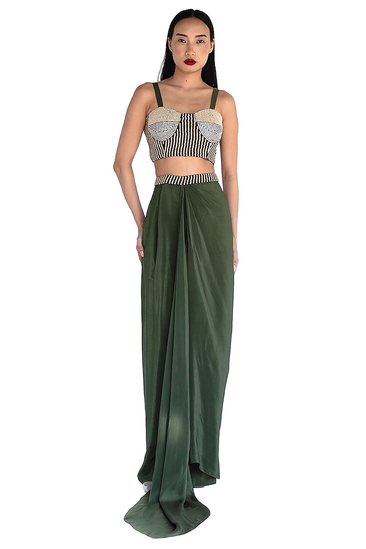 Emerald Green Natural Silk Draped Skirt by AMKA INDIA at Pernia's Pop Up Shop