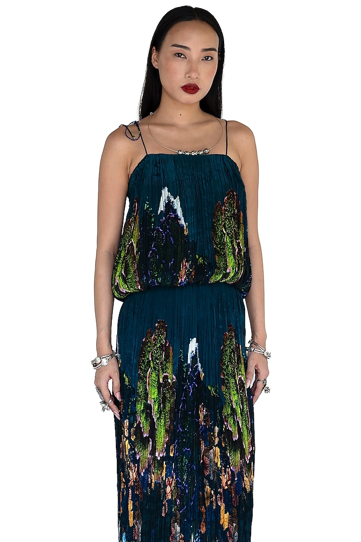 Midnight Blue Natural Silk Hand Pleated Top by AMKA at Pernia's Pop Up Shop