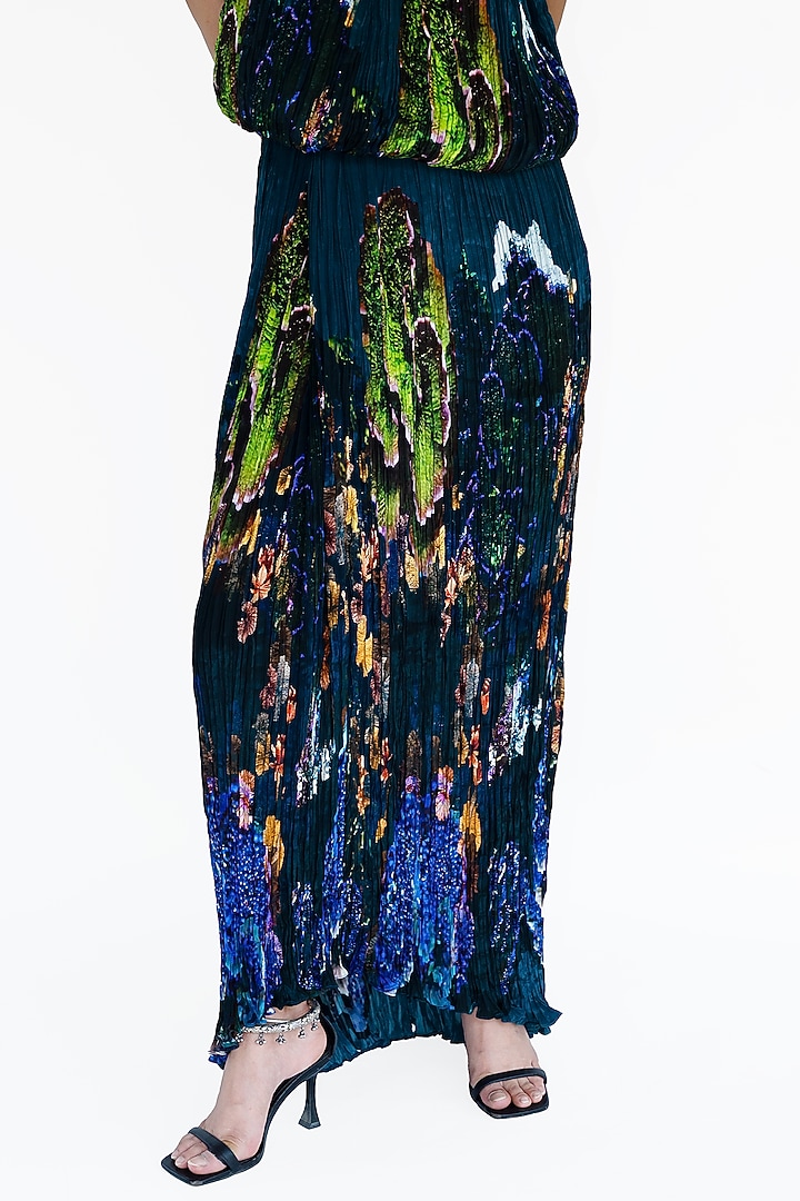Midnight Blue Natural Silk Hand Pleated Draped Skirt by AMKA at Pernia's Pop Up Shop