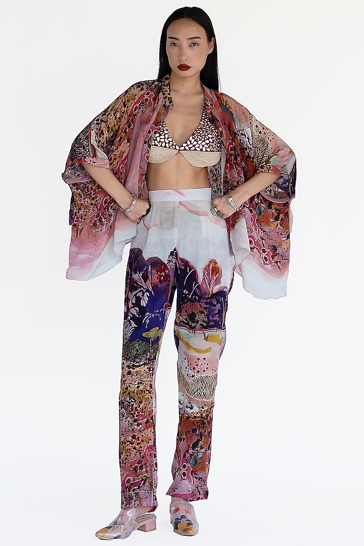 Rose Pink Natural Silk Landscape Printed Pants by AMKA INDIA at Pernia's Pop Up Shop