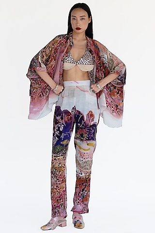 Rose Pink Natural Silk Landscape Printed Pants by AMKA