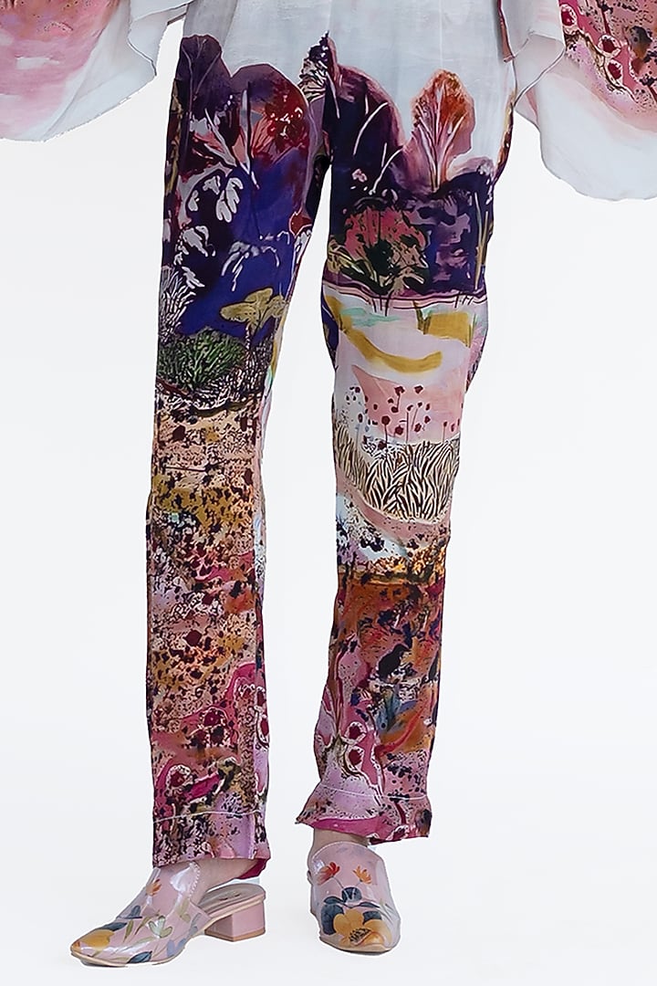 Rose Pink Natural Silk Landscape Printed Pants by AMKA at Pernia's Pop Up Shop