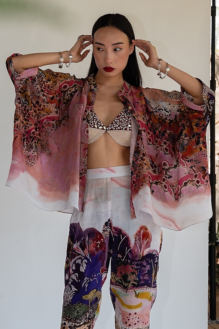 Rose Pink Natural Silk Landscape Printed Overlay by AMKA INDIA at Pernia's Pop Up Shop