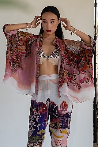 Rose Pink Natural Silk Landscape Printed Overlay by AMKA
