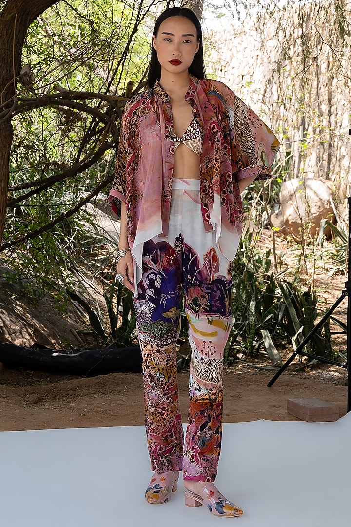 Rose Pink Natural Silk Landscape Printed Overlay by AMKA at Pernia's Pop Up Shop