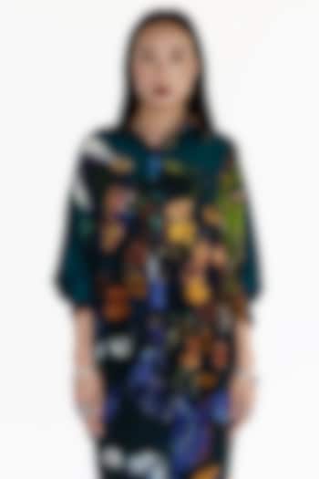 Midnight Blue Natural Silk Kaftan Shirt by AMKA INDIA at Pernia's Pop Up Shop