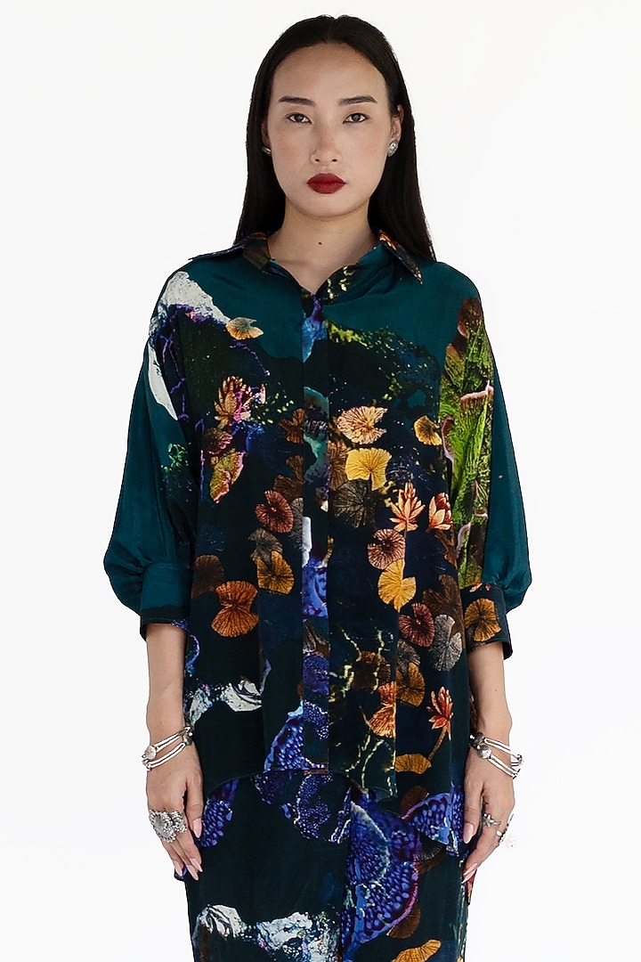 Midnight Blue Natural Silk Kaftan Shirt by AMKA INDIA at Pernia's Pop Up Shop