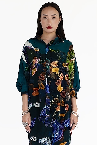 Midnight Blue Natural Silk Kaftan Shirt by AMKA