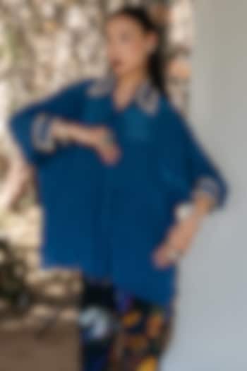 Midnight Blue Natural Silk Carved Hand Embroidered Shirt by AMKA INDIA at Pernia's Pop Up Shop
