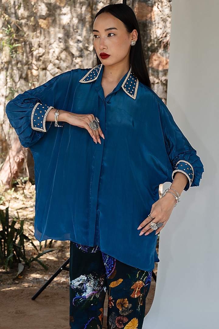 Midnight Blue Natural Silk Carved Hand Embroidered Shirt by AMKA INDIA at Pernia's Pop Up Shop