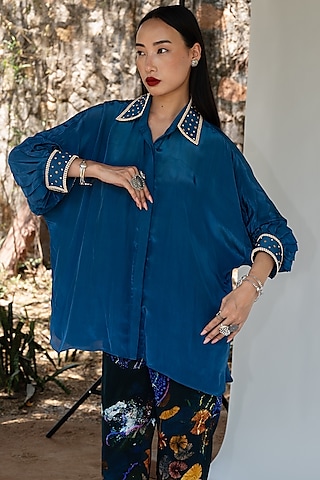 Midnight Blue Natural Silk Carved Hand Embroidered Shirt by AMKA