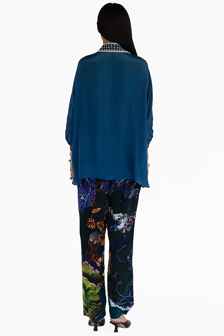Midnight Blue Natural Silk Carved Hand Embroidered Shirt by AMKA at Pernia's Pop Up Shop
