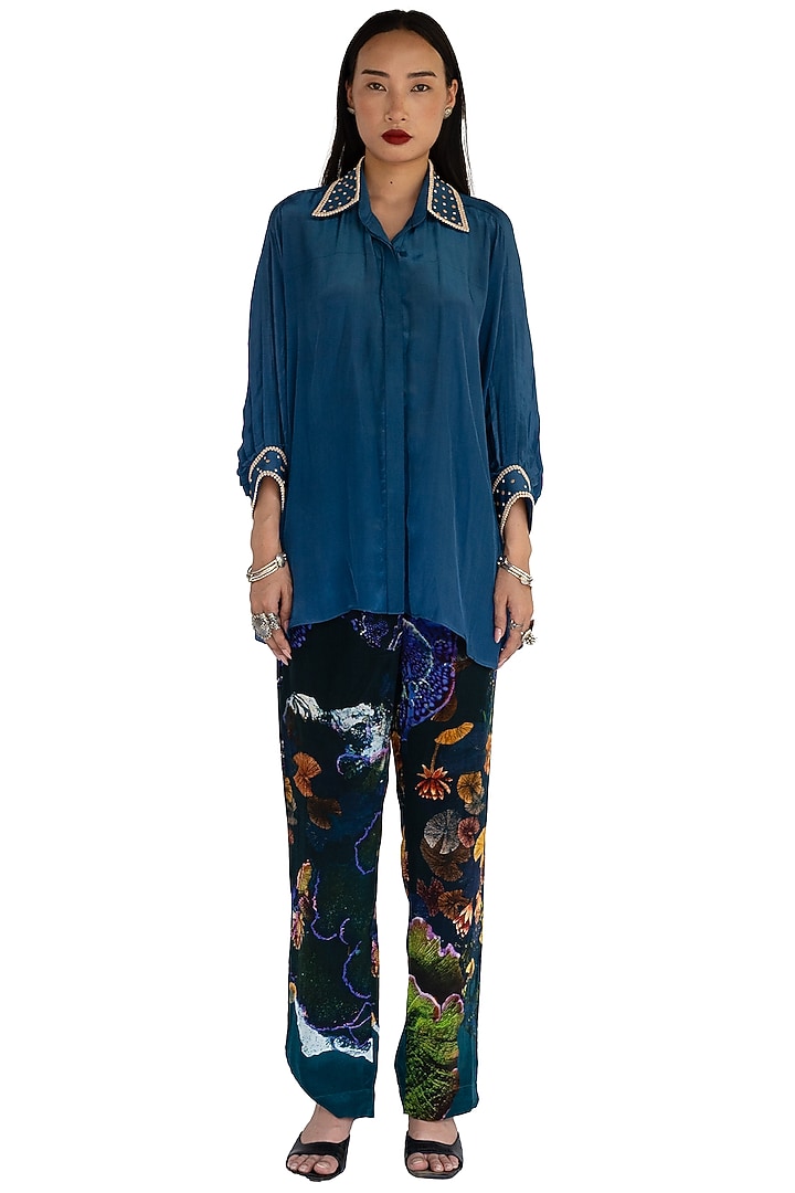 Midnight Blue Natural Silk Carved Hand Embroidered Shirt by AMKA at Pernia's Pop Up Shop