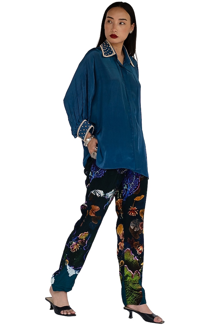 Midnight Blue Natural Silk Carved Hand Embroidered Shirt by AMKA at Pernia's Pop Up Shop