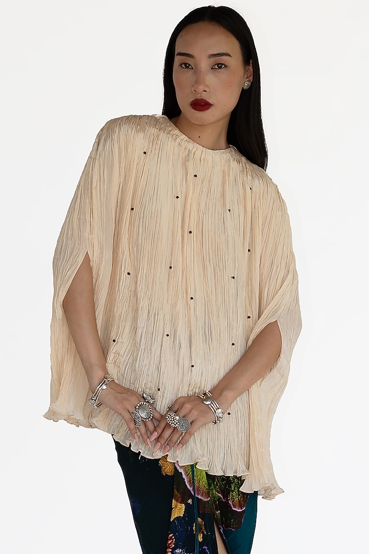 Ivory Natural Silk Pleated Top by AMKA at Pernia's Pop Up Shop
