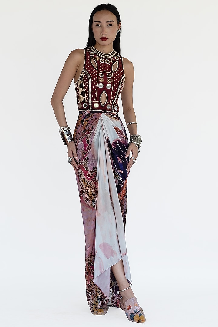 Rose Pink Natural Silk Draped Skirt by AMKA INDIA at Pernia's Pop Up Shop