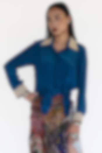 Sea Blue Natural Silk Hand Pleated Shirt by AMKA INDIA at Pernia's Pop Up Shop