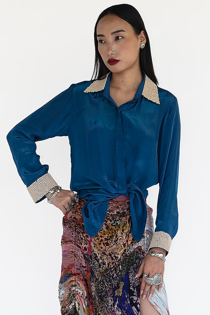 Sea Blue Natural Silk Hand Pleated Shirt by AMKA INDIA at Pernia's Pop Up Shop