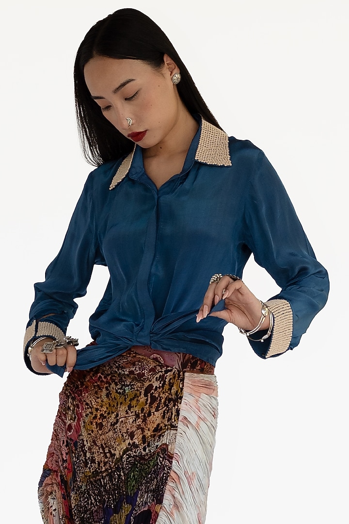 Sea Blue Natural Silk Hand Pleated Shirt by AMKA at Pernia's Pop Up Shop