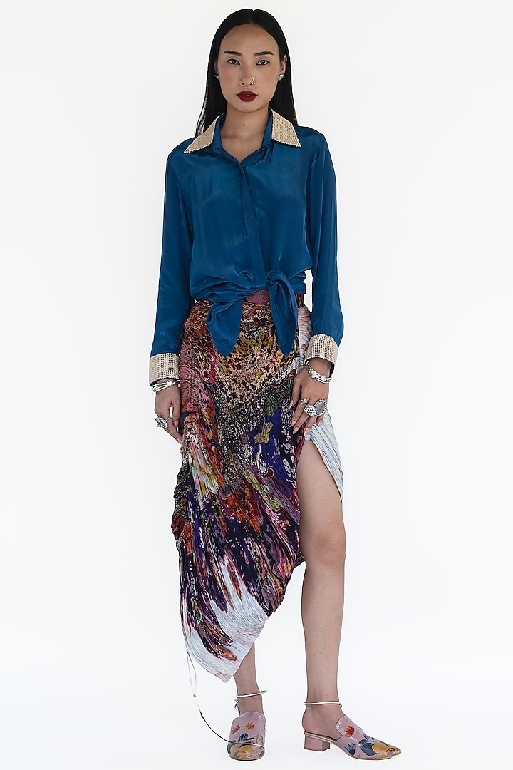 Sea Blue Natural Silk Hand Pleated Shirt by AMKA at Pernia's Pop Up Shop
