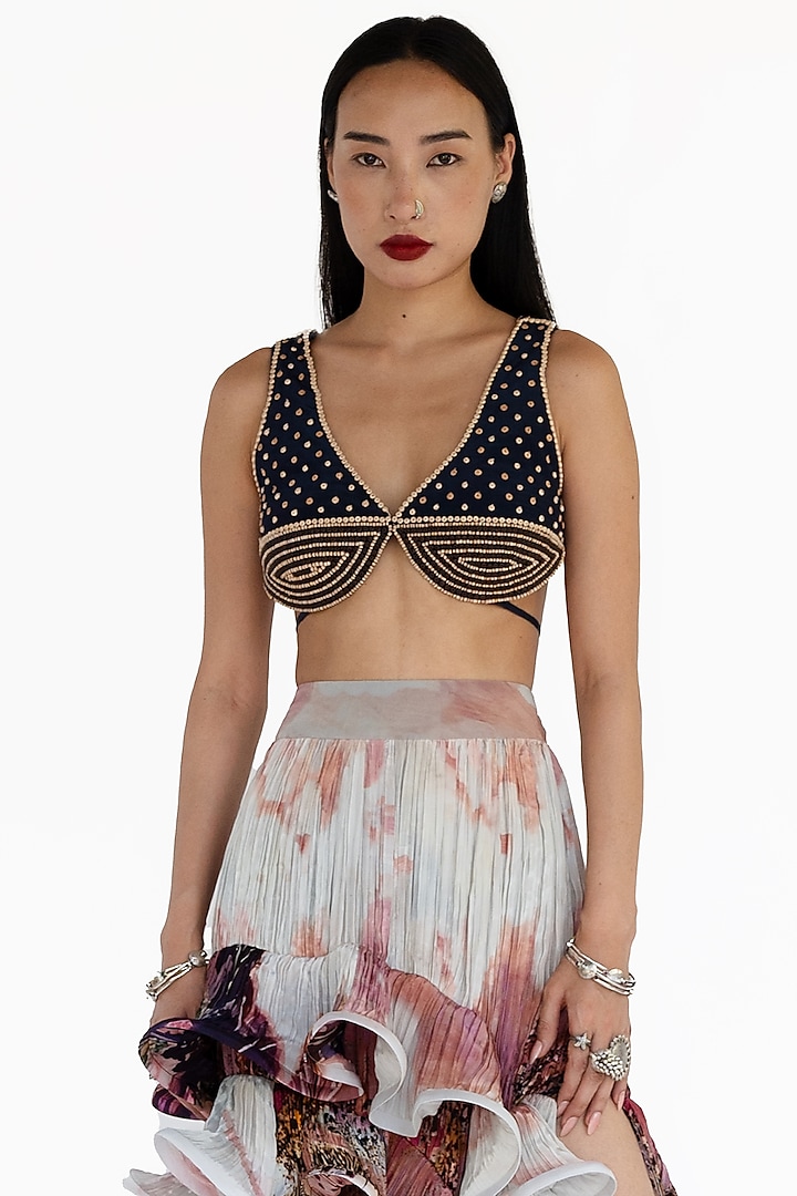 Midnight Blue Natural Silk Carved Hand Embroidered Blouse by AMKA INDIA at Pernia's Pop Up Shop
