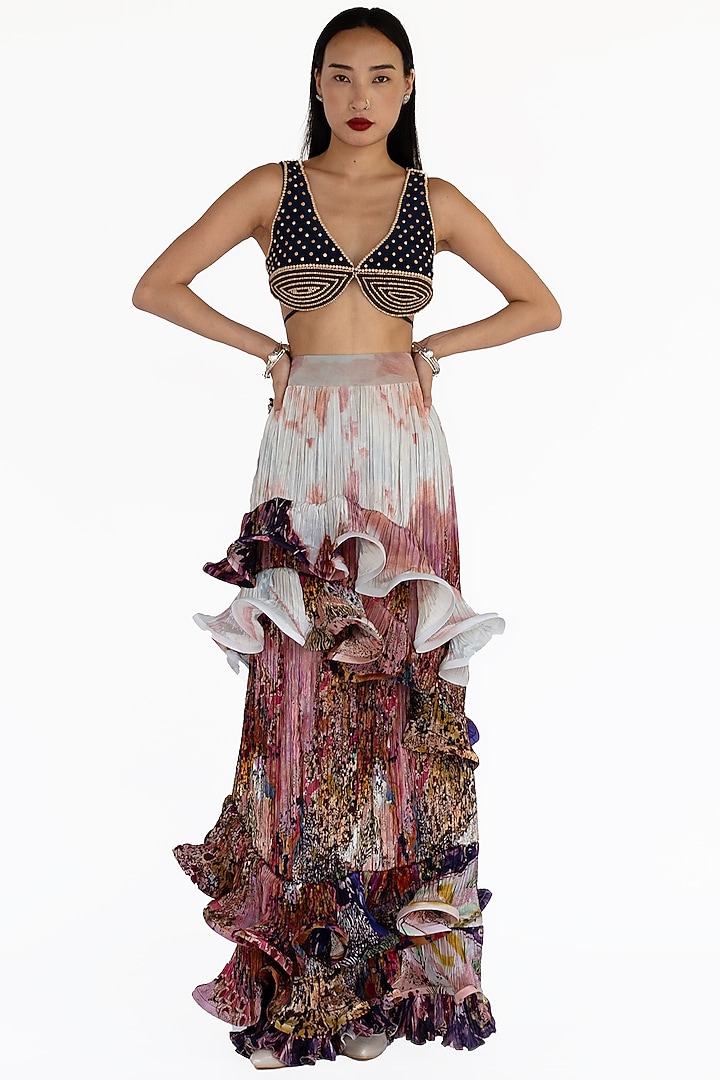 Midnight Blue Natural Silk Carved Hand Embroidered Blouse by AMKA at Pernia's Pop Up Shop