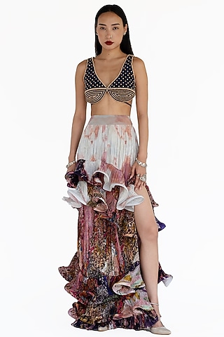 Rose Pink Natural Silk Landscape Printed Hand Sculpted Maxi Skirt by AMKA