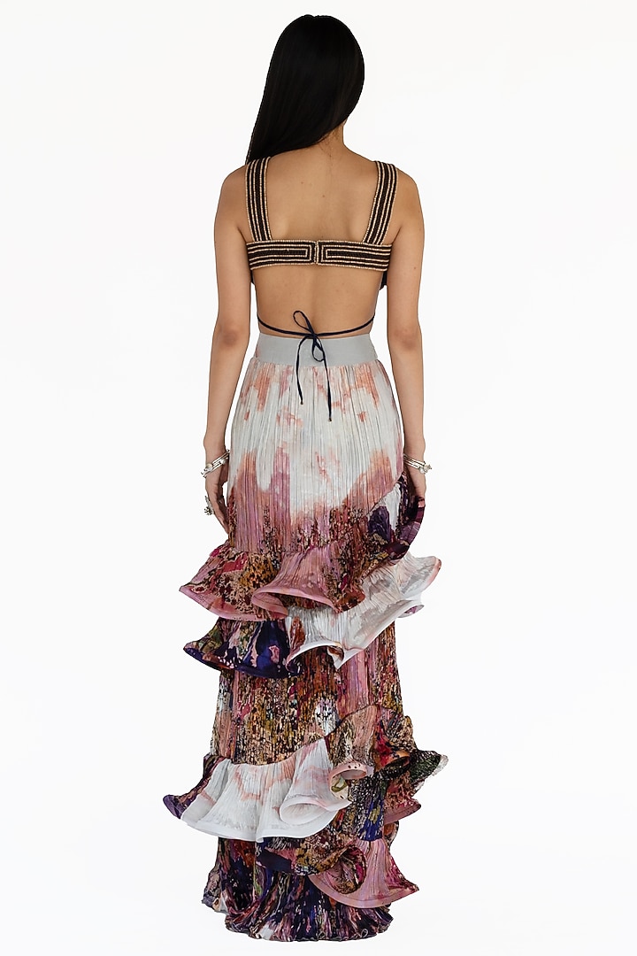 Rose Pink Natural Silk Landscape Printed Hand Sculpted Maxi Skirt by AMKA at Pernia's Pop Up Shop