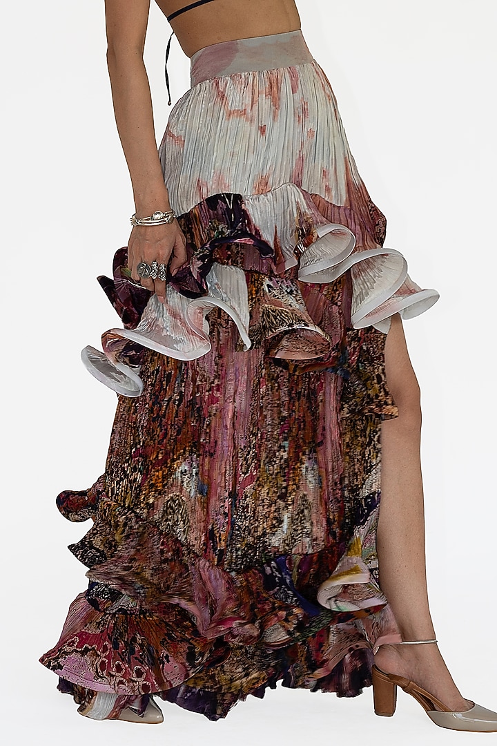 Rose Pink Natural Silk Landscape Printed Hand Sculpted Maxi Skirt by AMKA at Pernia's Pop Up Shop