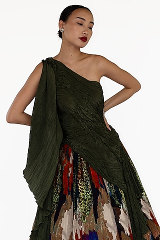 Emerald Green Natural Silk One-Shoulder Top by AMKA