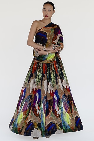 Multi-Colored Natural Silk Mosaic Printed Maxi Skirt by AMKA