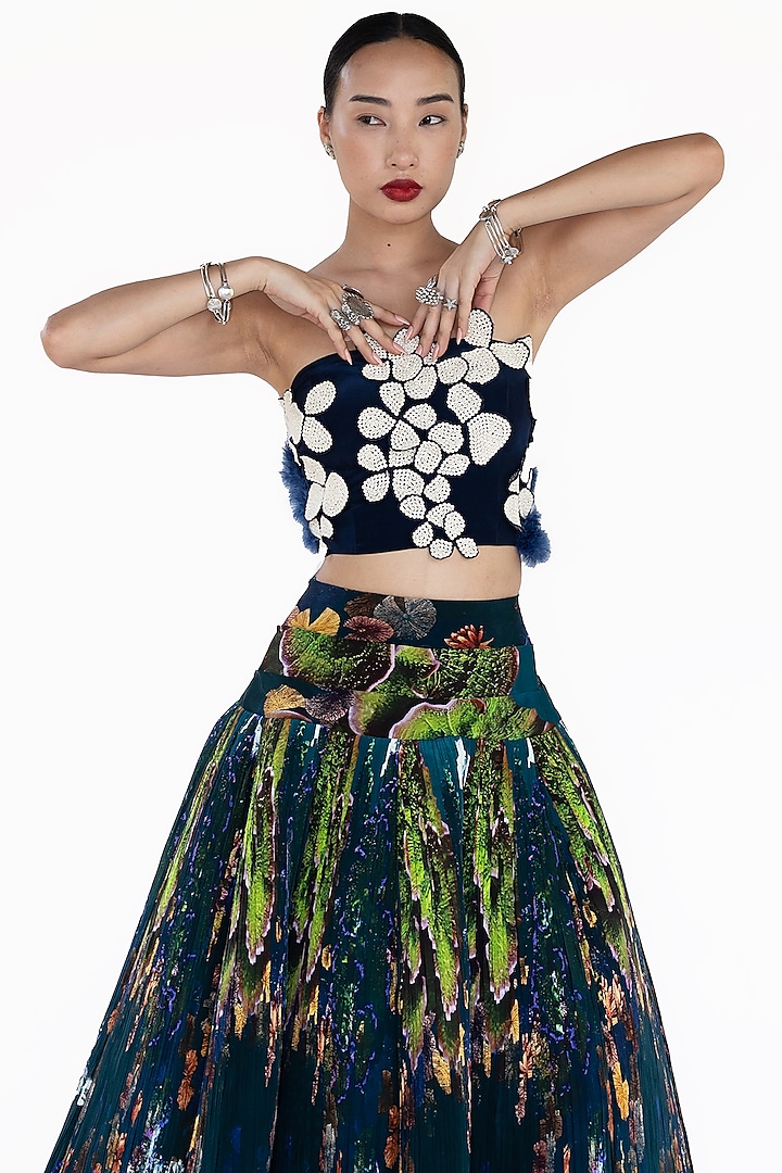 Midnight Blue Natural Silk Beads Hand Embroidered Blouse by AMKA INDIA at Pernia's Pop Up Shop