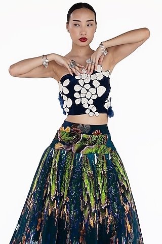 Midnight Blue Natural Silk Beads Hand Embroidered Blouse by AMKA