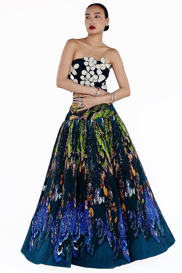 Midnight Blue Natural Silk Mosaic Printed Maxi Skirt by AMKA INDIA at Pernia's Pop Up Shop