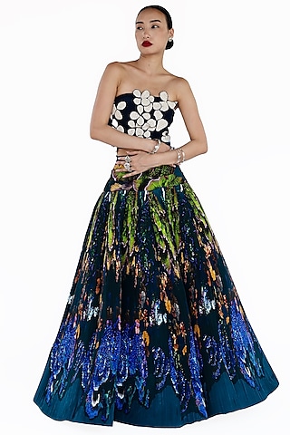 Midnight Blue Natural Silk Mosaic Printed Maxi Skirt by AMKA