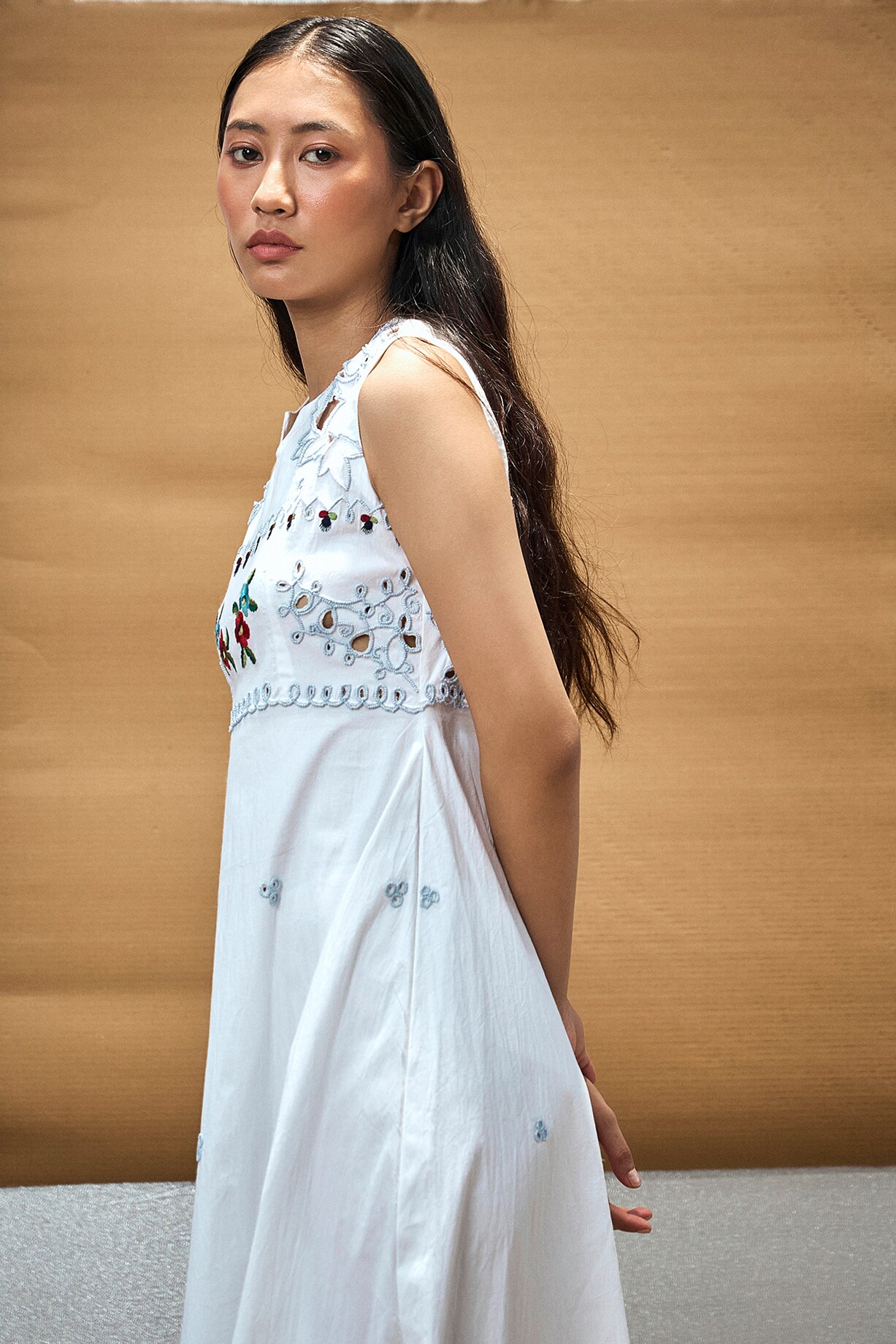 White Cotton Embroidered Summer Dress by AMKA INDIA at Pernia's Pop Up Shop