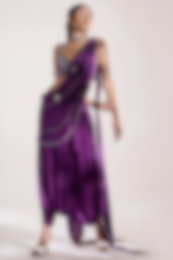 Indigo Purple Satin Silk Draped Saree Set by AMKA INDIA