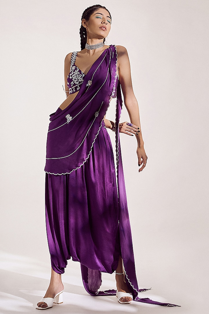 Indigo Purple Satin Silk Draped Saree Set by AMKA INDIA