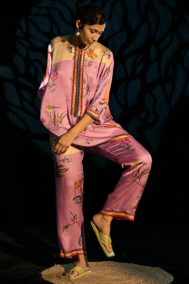 Rose Pink Printed Pant Set by AMKA INDIA