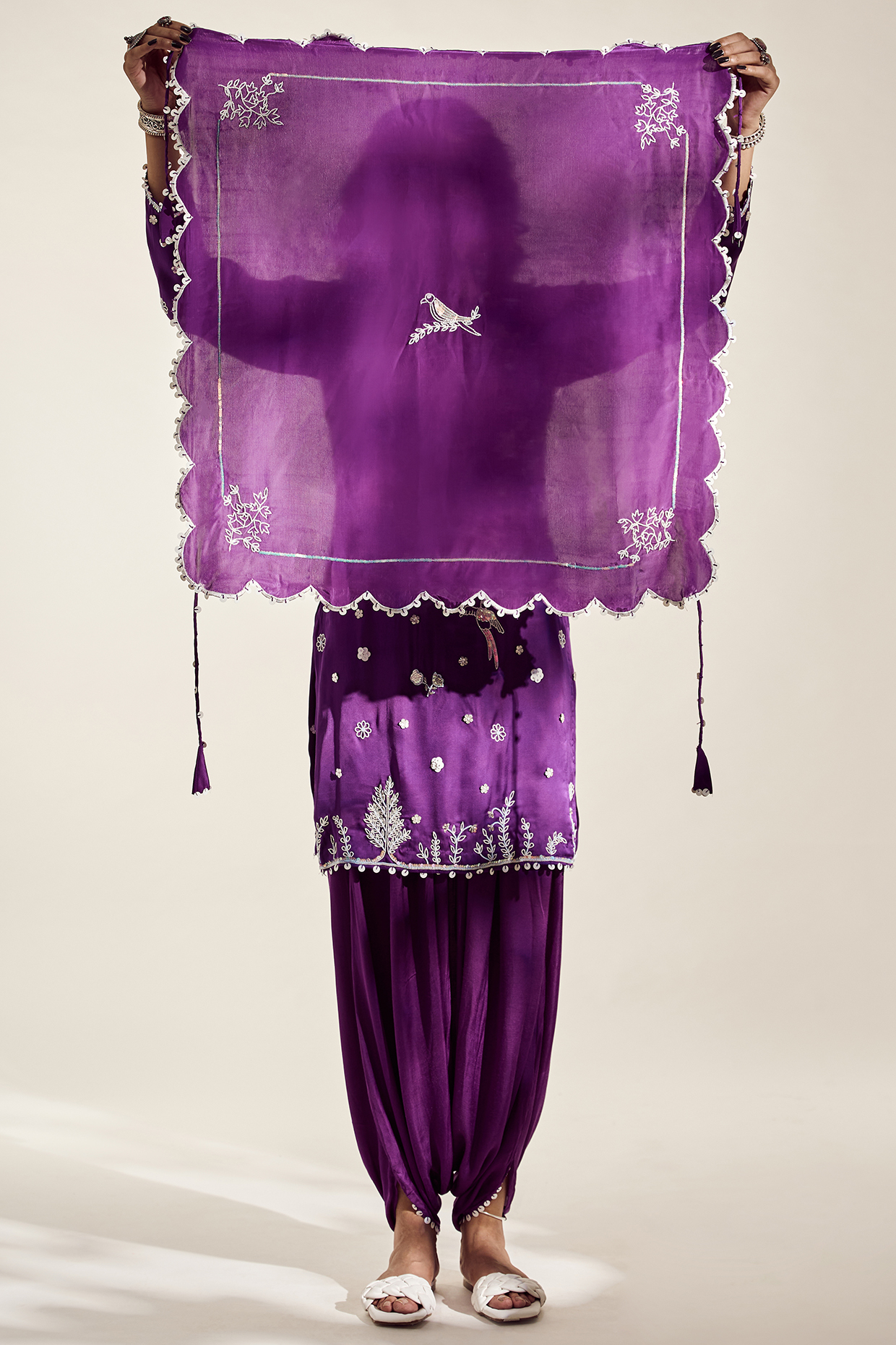 Indigo Purple Satin Silk Hand Embroidered Scarf by AMKA INDIA