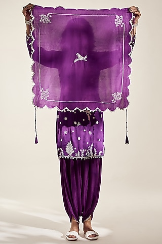 Indigo Purple Satin Silk Hand Embroidered Scarf by AMKA