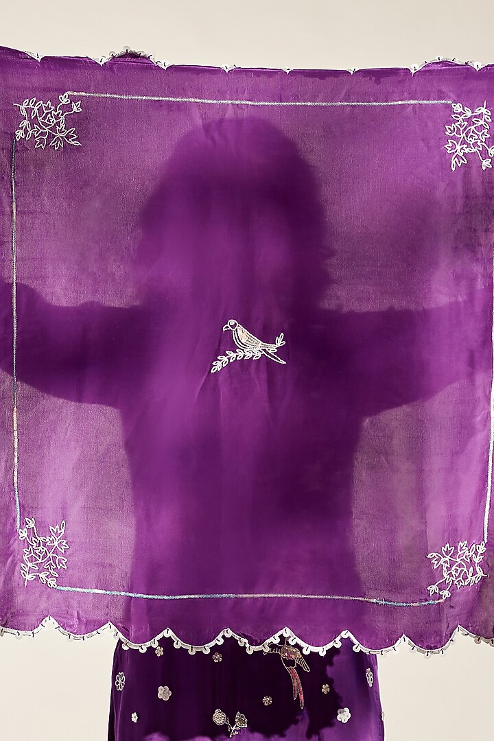 Indigo Purple Satin Silk Hand Embroidered Scarf by AMKA at Pernia's Pop Up Shop