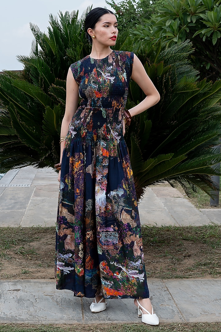Onyx Black Natural Crepe Printed Gathered Summer Dress by AMKA at Pernia's Pop Up Shop