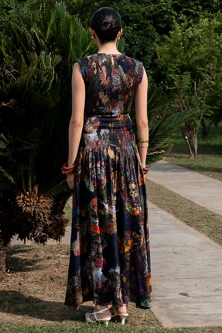 Onyx Black Natural Crepe Printed Gathered Summer Dress by AMKA at Pernia's Pop Up Shop