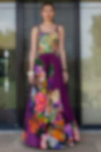 Plum Black Natural Crepe Floral Printed Skirt Set by AMKA at Pernia's Pop Up Shop