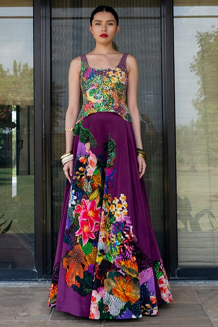 Plum Black Natural Crepe Floral Printed Skirt Set by AMKA at Pernia's Pop Up Shop