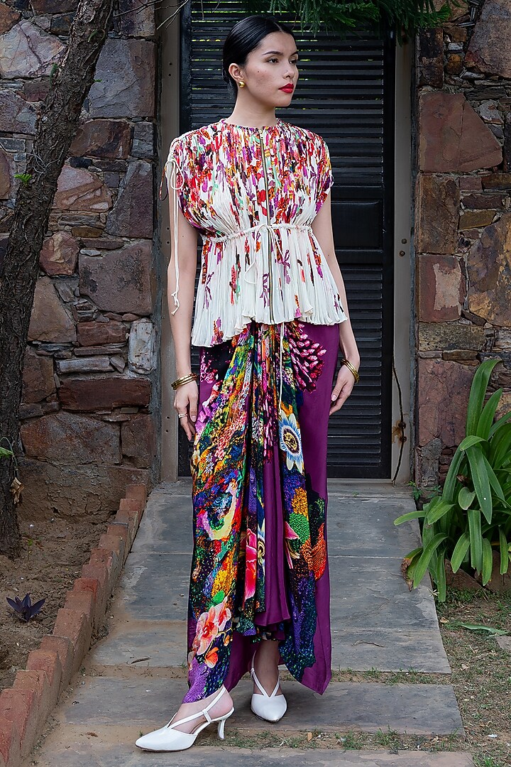 Magenta Natural Crepe Printed Skirt Set by AMKA at Pernia's Pop Up Shop