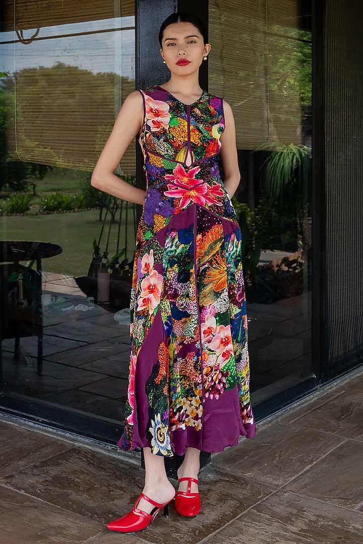 Multi-Colored Natural Crepe Floral Printed Maxi Summer Dress by AMKA at Pernia's Pop Up Shop