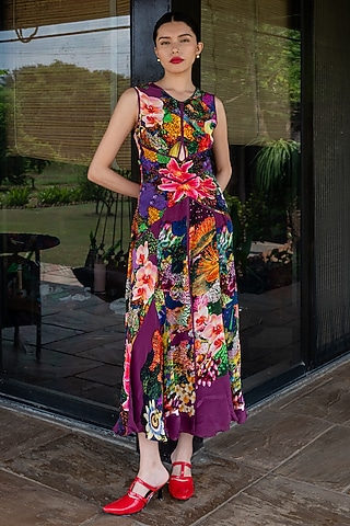 Multi-Colored Natural Crepe Floral Printed Maxi Dress by AMKA